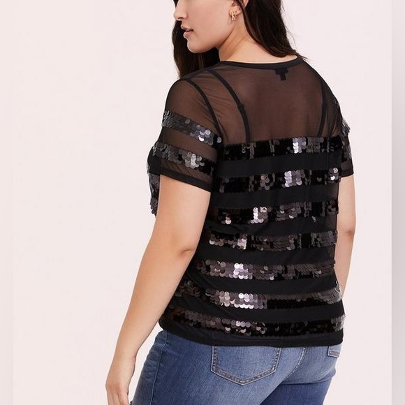 Sheer Mesh Stripe Sequin Crew Neck Tee - Picture 5 of 5